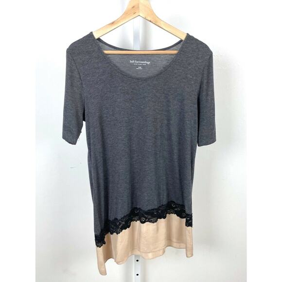 SOFT SURROUNDINGS  S Short Sleeve Knit Top Lace Satin Hem Mixed Media Shirt Gray - Picture 1 of 7
